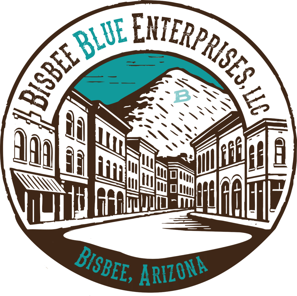 Circular logo for Bisbee Blue Enterprises, LLC, featuring an illustration of a street with buildings, mountains, and the text "Bisbee, Arizona.